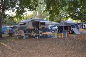 Our campsite at Weipa, the camper trailer tucked in beside the caravan